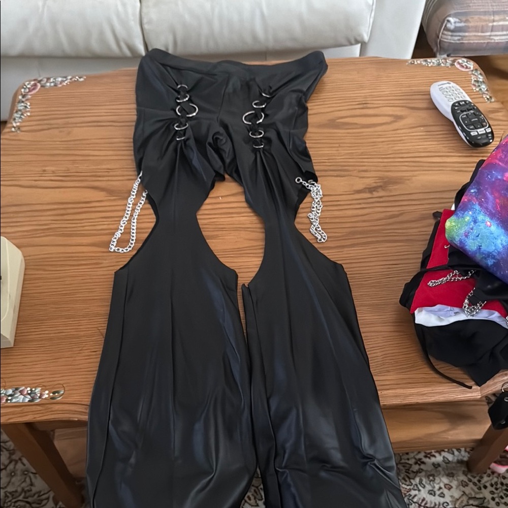 One of a kind custom hex and vex faux leather garter flares - size M/L brand new